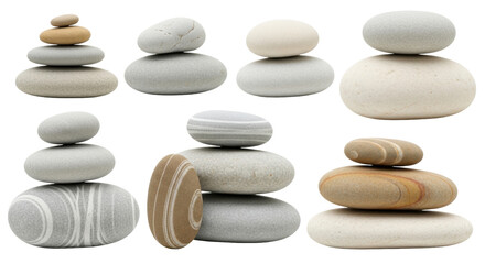 Isolated Balancing pebbles set in harmony zen like stacks for wellness relaxation nature stone art