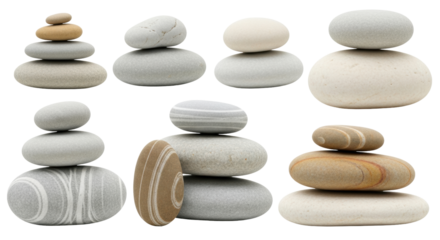 Isolated Balancing pebbles set in harmony zen like stacks for wellness relaxation nature stone art