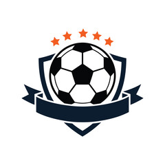 Obraz premium Black white soccer ball emblem with orange stars and navy blue ribbon football logo