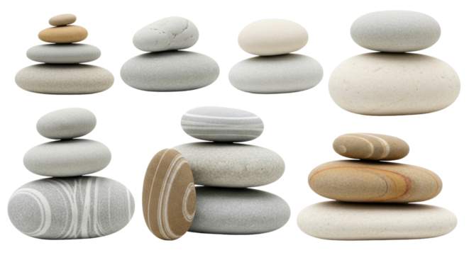Isolated Balancing pebbles set in harmony zen like stacks for wellness relaxation nature stone art