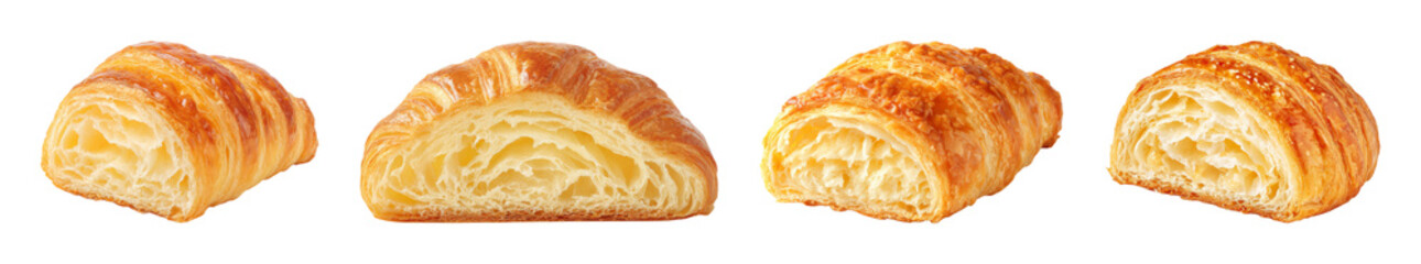 Golden flaky croissant pastries showcased with satisfying texture and appetizing detail, a...