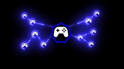 A glowing network of game controller icons connected by red lines, symbolizing online gaming, esports, and the interconnectedness of the gaming community - Powered by Adobe