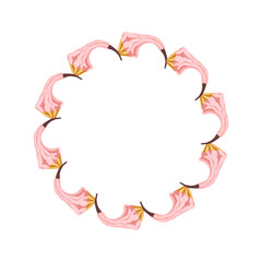 A cute autumn round frame with pink and brown pumpkins. This autumn composition is framed. The pumpkins are arranged in a circle. Vector illustration on a white background