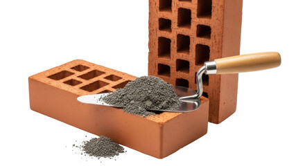 Isolated bricklaying tools and mortar sitting on brick with trowel in construction site