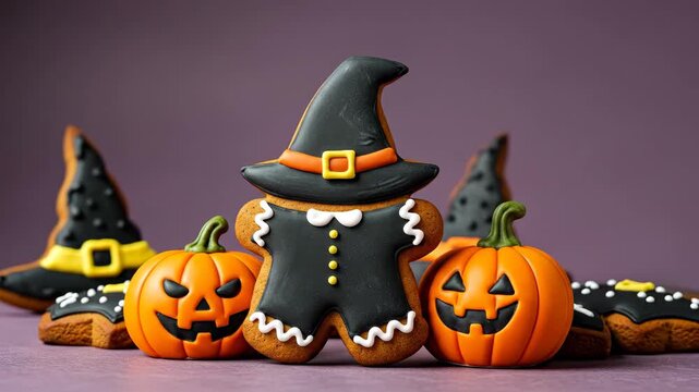 Halloween Gingerbread and Pumpkin Treats - A gingerbread witch cookie stands in front of a purple background between two small jack-o-lantern pumpkins.