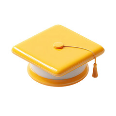 A cheerful, yellow graduation cap with a white band and small tassel, rendered in a 3D cartoon style