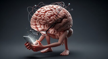A stylized, anthropomorphic brain wearing glasses, engrossed in a glowing smartphone, with abstract neural pathways emanating from its head.