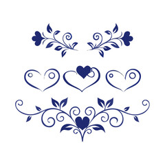 Elegant vector elements featuring floral hearts and decorative flourishes in dark blue.vector icon
