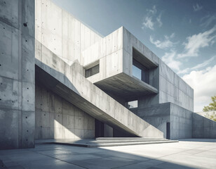 Modern Brutalist Architecture Render of Concrete Building with Dramatic Shadows and Geometric Design