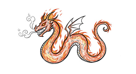 Obraz premium Fiery Dragon Illustration with Horns and Wings on White Background