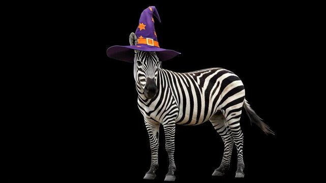 Halloween Zebra - A zebra stands against a black background, wearing a purple witch's hat decorated with orange stars and an orange buckle. The zebra is facing left and has a serious expression.