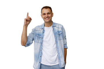 Happy man smiling, feeling inspired and finding a new idea, pointing a finger up on a transparent background