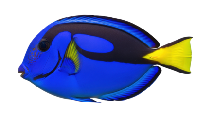 Isolated Regal Tang, a Surgeonfish with vibrant colors and markings swimming alone, no background