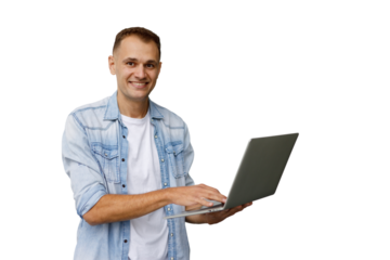 Man working remotely using laptop, smiling person performing online tasks and business on transparent background