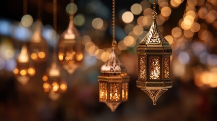 Ornate lanterns hanging in soft light, creating a warm ambiance