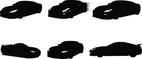 Sports car vector silhouettes collection with sleek designs, fast motion lines, aerodynamic shapes, luxury vehicles, racing icons, and modern transport illustration