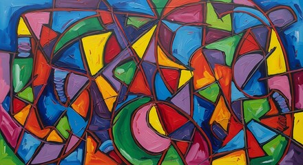 Abstract colorful geometric oil painting with vibrant hues and textures