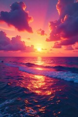 Breathtaking Hawaiian Sunset Fiery Oranges, Pinks, and Purples Paint the Calm Ocean Sky, a Stunning Tropical Paradise Perfect for Travel and Vacation Themes