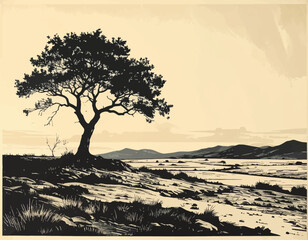 Solitary Tree Silhouette on Hillside Overlooking Vast Barren Landscape and Distant Mountains