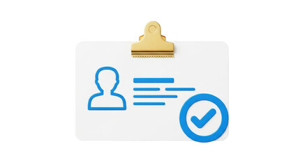 Isolated digital employee badge, identification card with gold clip, verification symbol