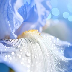 A close-up shot of a delicate, pale blue iris flower, glistening with water droplets, captured with a soft bokeh background