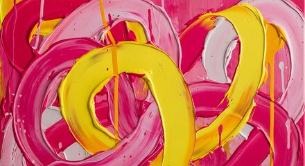Abstract Expressionism Painting with Bold Strokes of Yellow Pink and White