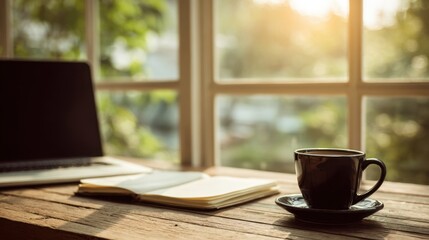 Home office z laptopem, kawą i notesem przy oknie w porannym świetle słonecznym