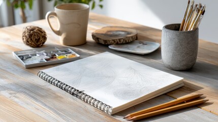 Artistic Workspace with Open Sketchbook, Drawing Tools, and a Warm Cup of Coffee on Wooden Table