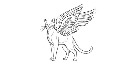Winged Cat Sketch Illustration in Black and White Line Art