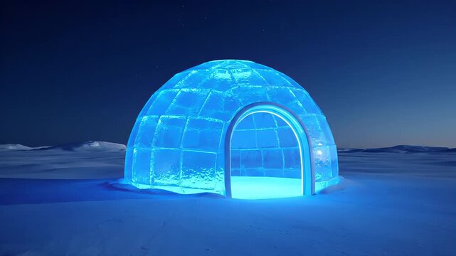 Glowing Blue Igloo in Snowy Arctic Landscape at Night