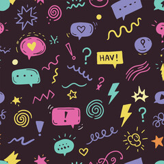 Colorful hand drawn doodle speech bubbles and symbols seamless pattern