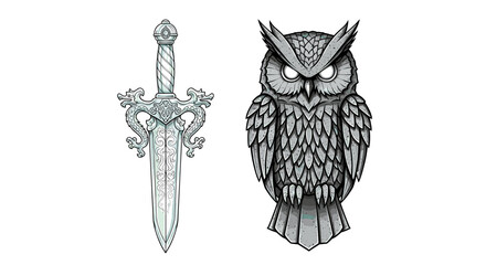 Dragon hilted dagger alongside a majestic stone owl illustration art