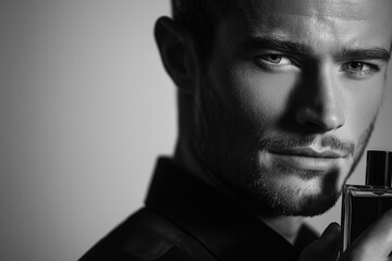 Seductive Man in Black and White with Cologne Bottle