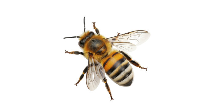 Isolated closeup of a honeybee, macro of a bee with antennae and striped abdomen, apiculture