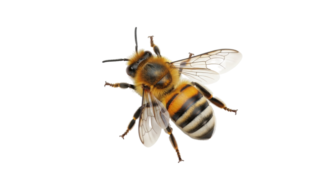 Isolated closeup of a honeybee, macro of a bee with antennae and striped abdomen, apiculture