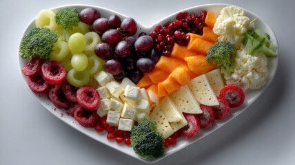 Assortment of nutritious foods arranged in heart shape on rustic wooden table, symbolizing balanced diet and heart health with fresh fruits, vegetables, nuts, and whole grains for healthy lifestyle co