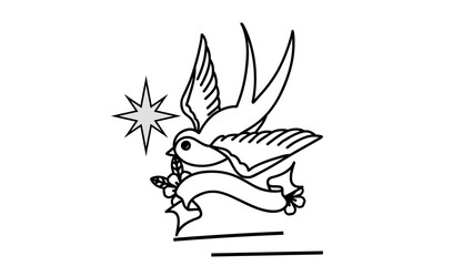 Traditional old-school tattoo design of a swallow with a star and a blank banner.
