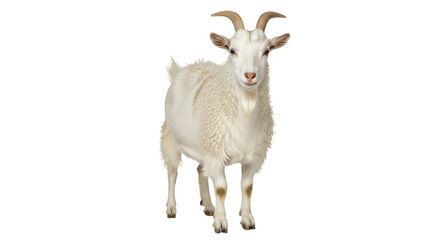 Obraz premium Isolated Goat stands looking at the camera with friendly face and golden horns on neutral