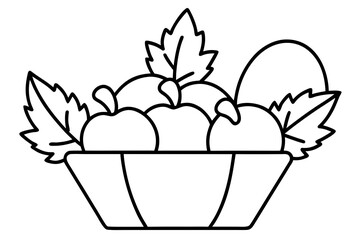 line art Apple basket with fall leaves, Thanksgiving harvest element silhouette vector illustration
