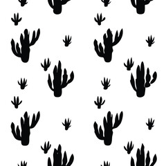 Solid Black and White Seamless Pattern of Cactus and Desert Plants