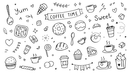 Doodle simple elements. Cute line coffee cups, croissants, donuts, utensils, plates, tea bags, desserts. Vector sketch hand drawn set