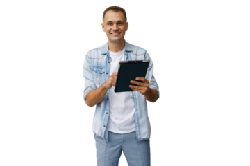 Man smiling at camera, holding a digital tablet and interacting with the device on a transparent background