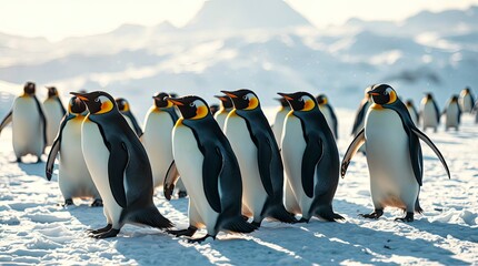 Vibrant cinematic penguins, lively snow scene with film-like lighting