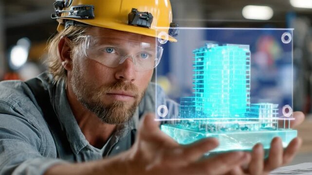 Construction Architect and Holographic Building: A skilled construction architect, with a focus gaze, manipulates a holographic architectural model.