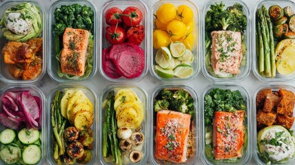 Colorful meal prep containers filled with nutritious healthy lunches featuring vegetables, grains, and lean proteins, perfect for balanced diet, weight loss, and clean eating lifestyle