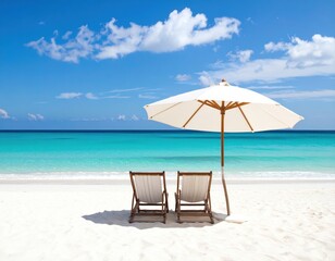 Fototapeta premium Beach Scene with White Sand Turquoise Water and Beach Chairs Under Parasol on Sunny Day