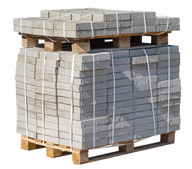 The pallet with a stack of concrete curbstone on white