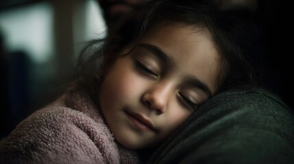 A young girl peacefully sleeps her head resting on a comforting shoulder during a gentle journey