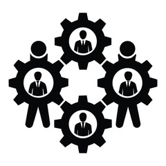 Group of Professionals Standing on Interconnected Gears Symbolizing Teamwork and Corporate System in Flat Vector Style