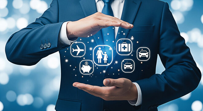 Businessman presenting insurance options for family travel health auto and savings with protective hands in a modern digital display